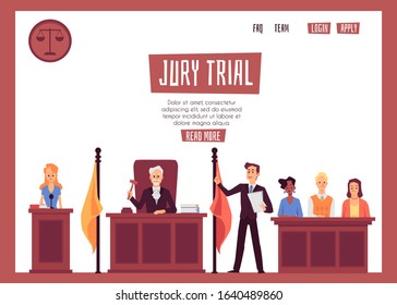 Jury trial session banner with people cartoon characters - lawyers and witness, flat vector illustration isolated on white background. Legal representation in court.