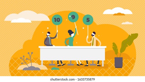 Jury voting concept, flat tiny persons vector illustration with people holding score number signs. Leaving level rating and evaluating performance success. Competition final results and critique.