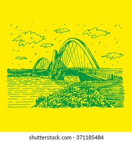 Juscelino Kubitschek Bridge, also called President JK Bridge or JK Bridge. Steel and concrete bridge crossing Lake Paranoa in BrasÃ­lia, Brazil. Freehand drawn sketch. Vector illustration