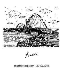 Juscelino Kubitschek Bridge, also called President JK Bridge or JK Bridge. Steel and concrete bridge crossing Lake Paranoa in BrasÃ­lia, Brazil. Freehand drawn sketch. Vector illustration