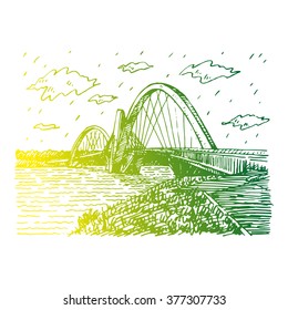 Juscelino Kubitschek Bridge, also called President JK Bridge or JK Bridge. Steel and concrete bridge crossing Lake Paranoa in Brasilia, Brazil. Freehand drawn sketch. Vector illustration