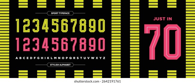 Just In 70: Retro modern number stylish sport concept. Jersey design with custom green and pink numbers. Vector illustration in stripes yellow hues background