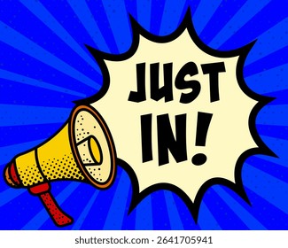 Just in announcement speech bubble. Megaphone, speech burst, comic style, bright background, communication element, expression tool, voice projection, information sharing, pop art design.