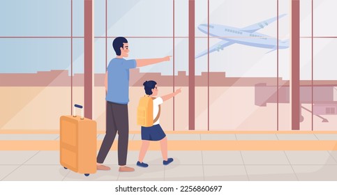 Just arrived to airport flat color vector illustration. Excited father with boy pointing fingers on plane in sky. Fully editable 2D simple cartoon characters with terminal interior on background