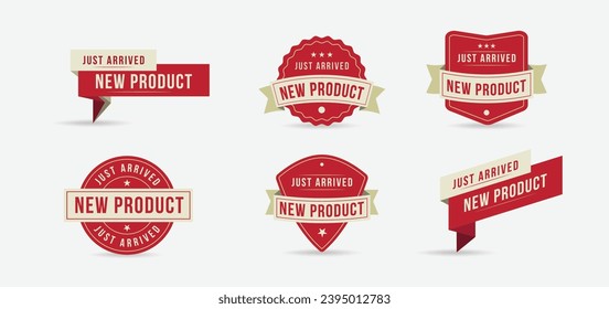 just arrived new product flat labels set in retro style with ribbon banners and stars in frames, Vector illustration. Classic, Design for social media, print lables, poster banner etc