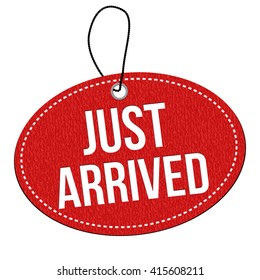 Just arrived red leather label or price tag on white background, vector illustration