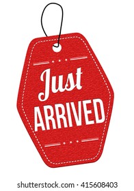 Just arrived red leather label or price tag on white background, vector illustration