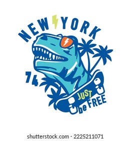 Just be free.Skater dinosaur character design.Fun t-shirt design. Vector illustration design for fashion fabrics, textile graphics, print.