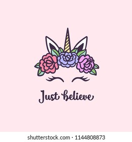 Just believe unicorn hand drawn nursery print. Colorful cute drawing for kids apparel textile design. Motivational childhood related quote typography. Vector illustration.