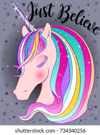 just believe,cute magical unicorn,sweet kids graphics for t-shirts and phone case, also you can use as wallpaper 