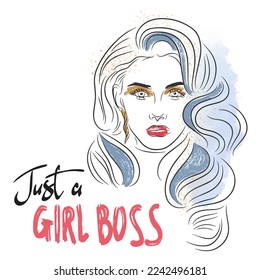 Just a boss girl, handwritten quote, portrait of a beautiful girl watercolor, fashion, doodle style