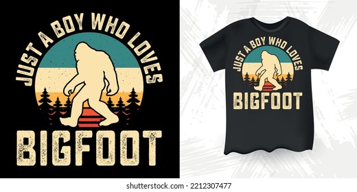 Just A Boy Who Loves Bigfoot Funny Bigfoot Sasquatch Retro Sunset Vintage Bigfoot T-Shirt Design