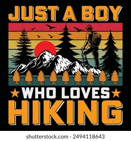 Just A Boy Who Loves Hiking Retro Vintage Mountain Adventure Hiking T-Shirt Graphic.