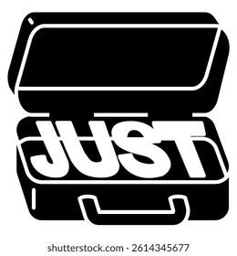 Just in Case icon represented by "just" written on the inside of the suitcase Black Filled style.