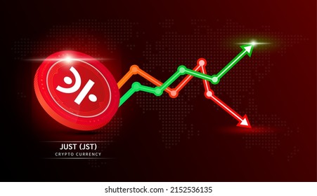 JUST coin red. Cryptocurrency token symbol with stock market investment trading graph green and red. Coin icon on dark  background. Economic trends business concept. 3D Vector illustration.