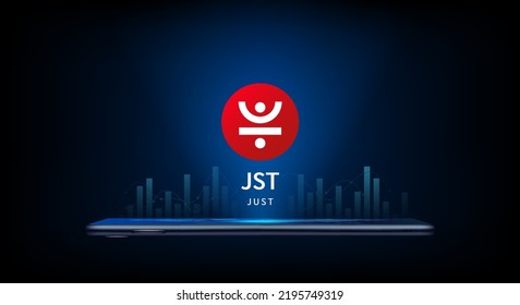 JUST crypto currency token symbol come out from smartphone. Coin icon on dark background. Trading cryptocurrency in stock market on application. For website or banner. Vector illustrator.