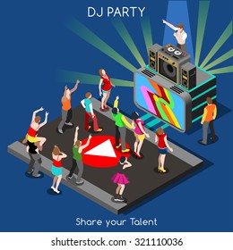 Just Dance Disco Music DJ Party Night. Interacting People Unique Isometric Realistic Poses. 3D Flat design Vector Set. DJ Performance Indie Music Dee-Jay Database. Share Talent character Flat Image 3d