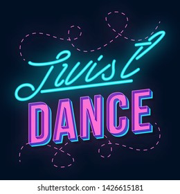 Just dance vintage 3d vector lettering. Retro party bold font, typeface. Pop art stylized text. Old school style neon light letters. 90s, 80s poster, banner. Dark violet color background