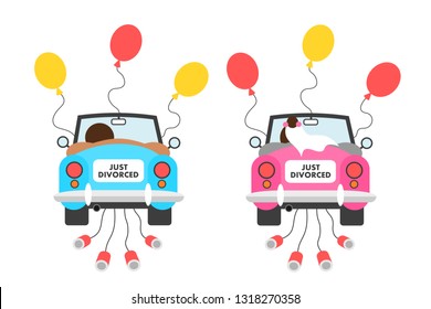 Just divorced - former marriage of husband and wife is ending after divorce. Separated man and woman in car and auto are happy and celebrating termiantion of love relationship. vector illustration