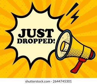Just dropped speech bubble. Megaphone, lightning, speech burst, sound lines, pop art style, loudspeaker, public speaking, yellow background, expression, voice, alert, broadcast