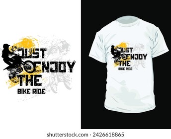 Just enjoy the bike ride t-shirt design template, hand drawing of man riding a  motorcycle in hill, texture is easy to remove