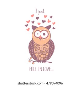 I just fall in love. Cute pink shocked cartoon owl with hearts. Isolated element for greeting card design for Valentines Day holiday. Vector illustration