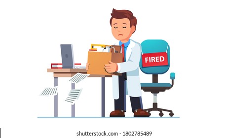 Just Fired Medical Worker Man. Dismissed Employee Holding Belongings Box. Doctor Or Scientist Person Lost Job. Flat Vector Unemployed Character Illustration Set