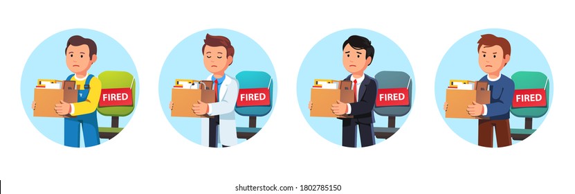 Just fired worker. Dismissed employee holding belongings box. Business man, construction worker, medical worker doctor, clerk manager people lost job. Flat vector unemployed character illustration set