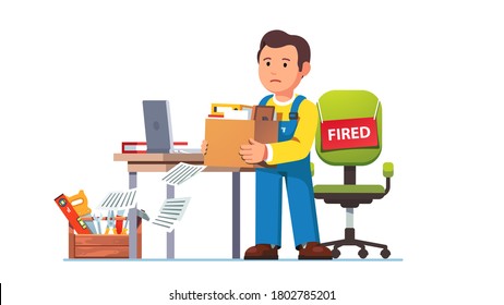 Just fired worker man. Dismissed employee holding belongings box. Construction worker or contractor engineer person lost job. Flat vector unemployed character illustration set