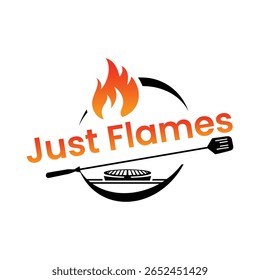 Just Flames BBQ Logo with Fire, Spatula, Grill, and Curving Elements for a Fiery and Delicious Experience