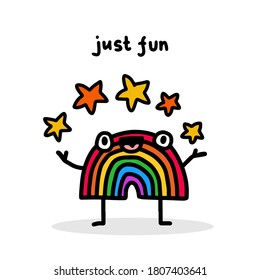 Just fun hand drawn vector illustration in cartoon doodle style rainbow plays with stars