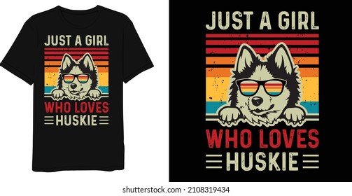 Nur ein Mädchen, das Huskie Retro Vintage Hund T-Shirt Design liebt