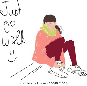 Just go walk! Fashion illustration of a young woman sitting lacing the walking  shoes. 