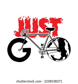 just go.image of a stylized bicycle and letters.vector illustration.vector illustration.hand drawn elements isolated on white background.modern design perfect for t shirt,card,poster,banner,etc