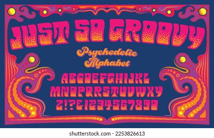 Just So Groovy is a brightly colored 1960s style hippie psychedelic alphabet with a stippled dot shading effect