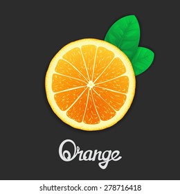 Just half of orange with leaves closeup. Vector art template