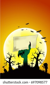 Just Halloween party poster with zombie moon hands