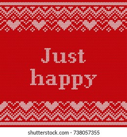 Just happy. Knitting seamless pattern. Vector. Knit Christmas and new year sweater design. Knitted winter ornaments. Red textured background.