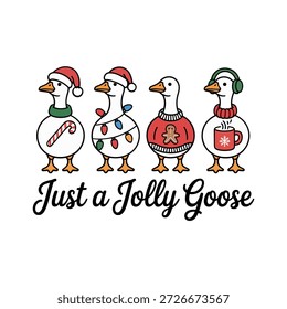 Solo un tema de ganso alegre, fila de pájaros festivos con suéteres y sombreros, ilustración divertida de vacaciones, Vector juguetón