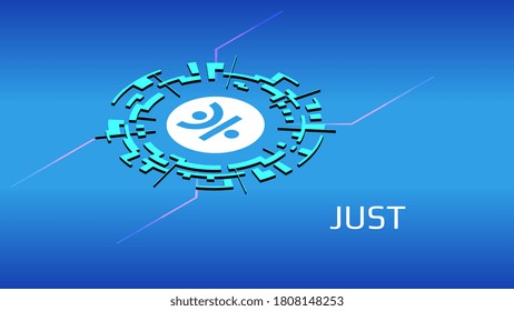 JUST JST isometric token symbol of the DeFi project in digital circle on blue background. Cryptocurrency icon. Decentralized finance programs. Vector EPS10.