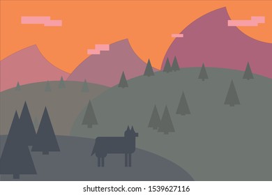 Just a landscape with some mountains on the background and a wolf.