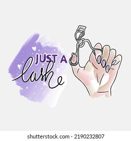 Just a lashes, handwritten lettering, hand with eyelash tweezers, fashion, lettering design, watercolor