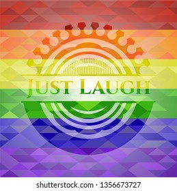 Just Laugh emblem on mosaic background with the colors of the LGBT flag