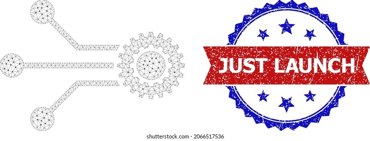Just Launch unclean badge, and micro mechanics icon polygonal structure. Red and blue bicolor stamp seal includes Just Launch tag inside ribbon and rosette. Abstract flat mesh micro mechanics,