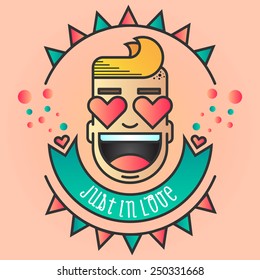 Just in love, funny face with hearts, valentines card, vector art