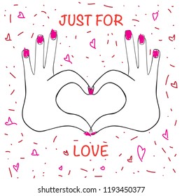Just For Love Slogan. Inspirational quote about love. Typography card with red words and hearts at white background. T-shirt Print Design. 