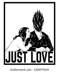 Just love. Vector hand drawn surreal illustration of two lovers . Creative tattoo artwork. Template for card, poster, banner, print for t-shirt, pin, badge, patch.