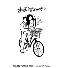 Just married bicycle vector outline illustration. Great design for any purposes. Happy family banner design.