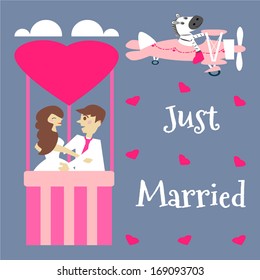 Just Married with Bride and Groom in Balloon