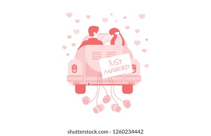 Just Married Bride And Groom In Car, Wedding Invitation, Greeting Card, Banner, Poster Vector Illustration